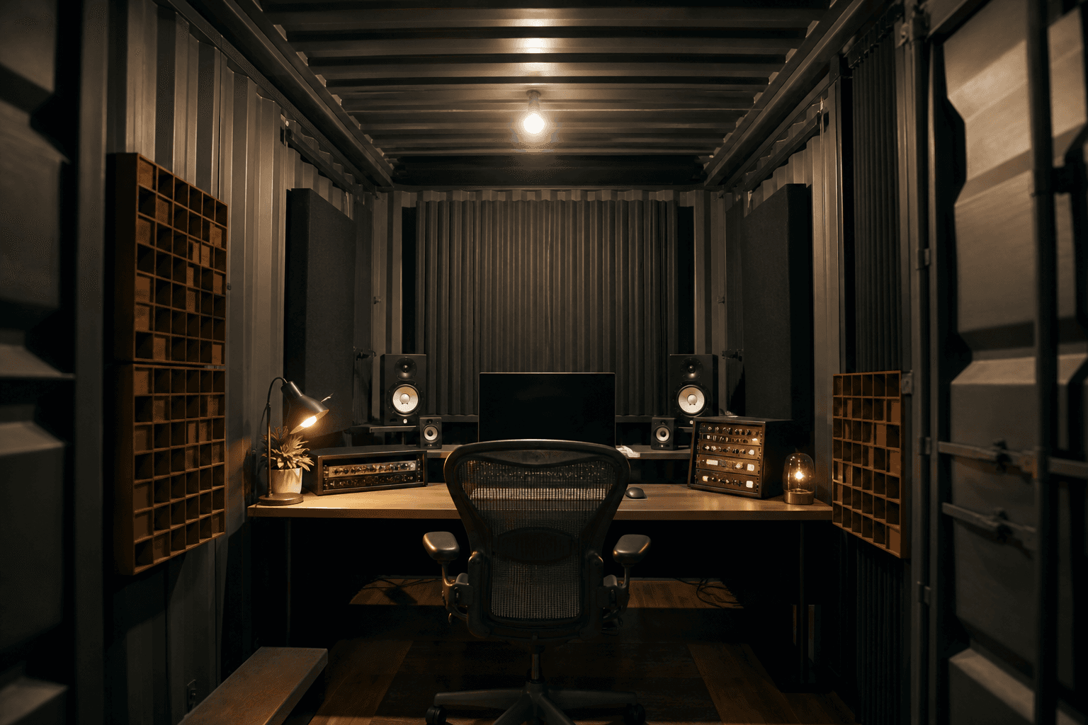 Empty producer chair in a shipping-container studio booth