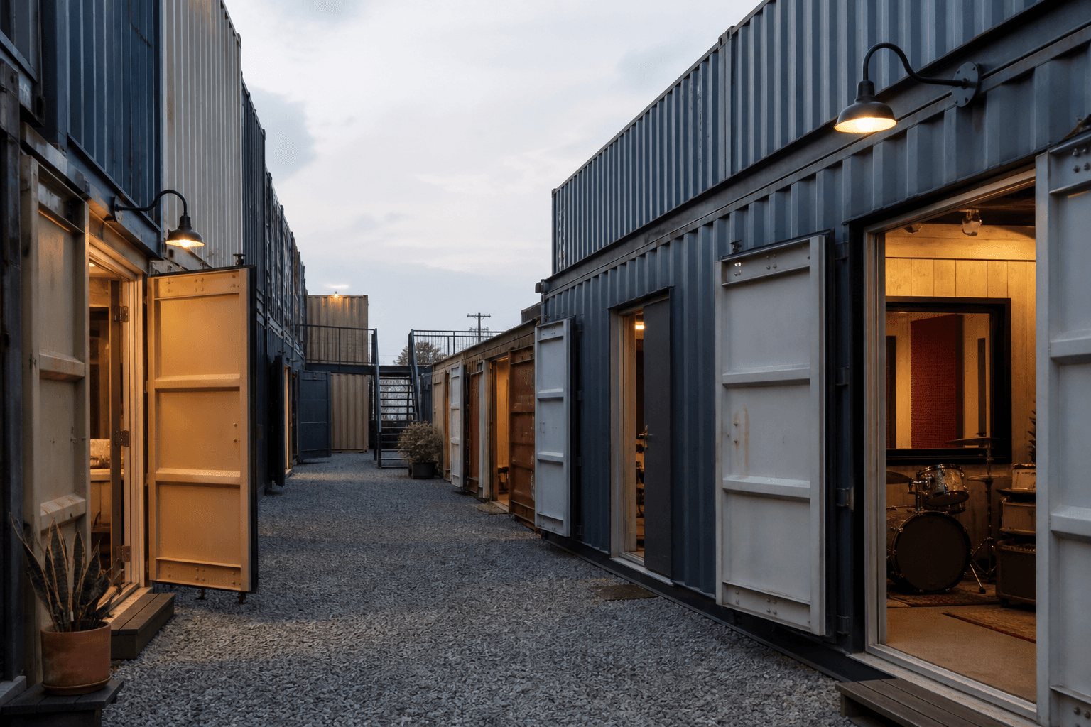 Corridor between shipping-container live rooms with light from open doorways