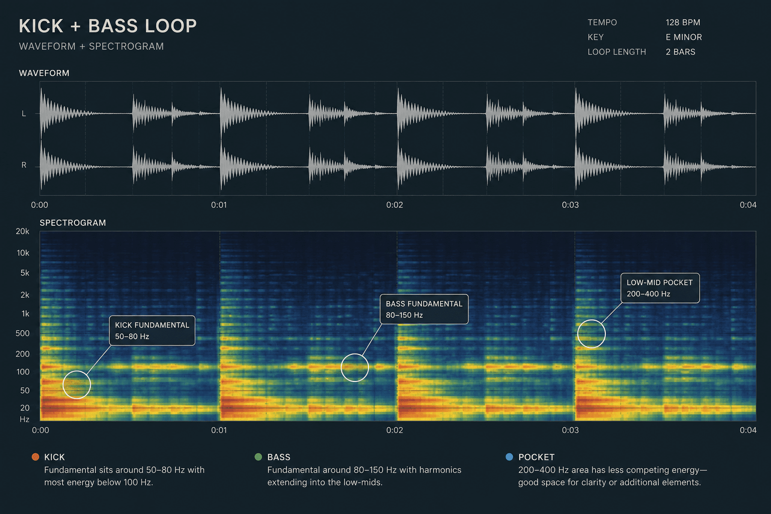 Waveform above a spectrogram of a kick and bass loop with frequency callouts