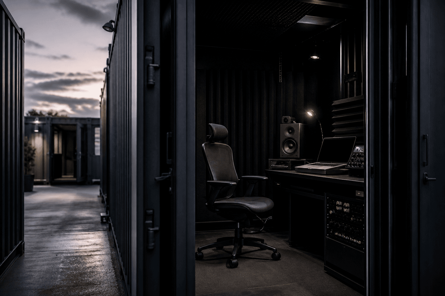 Empty producer chair waiting inside a shipping-container studio booth