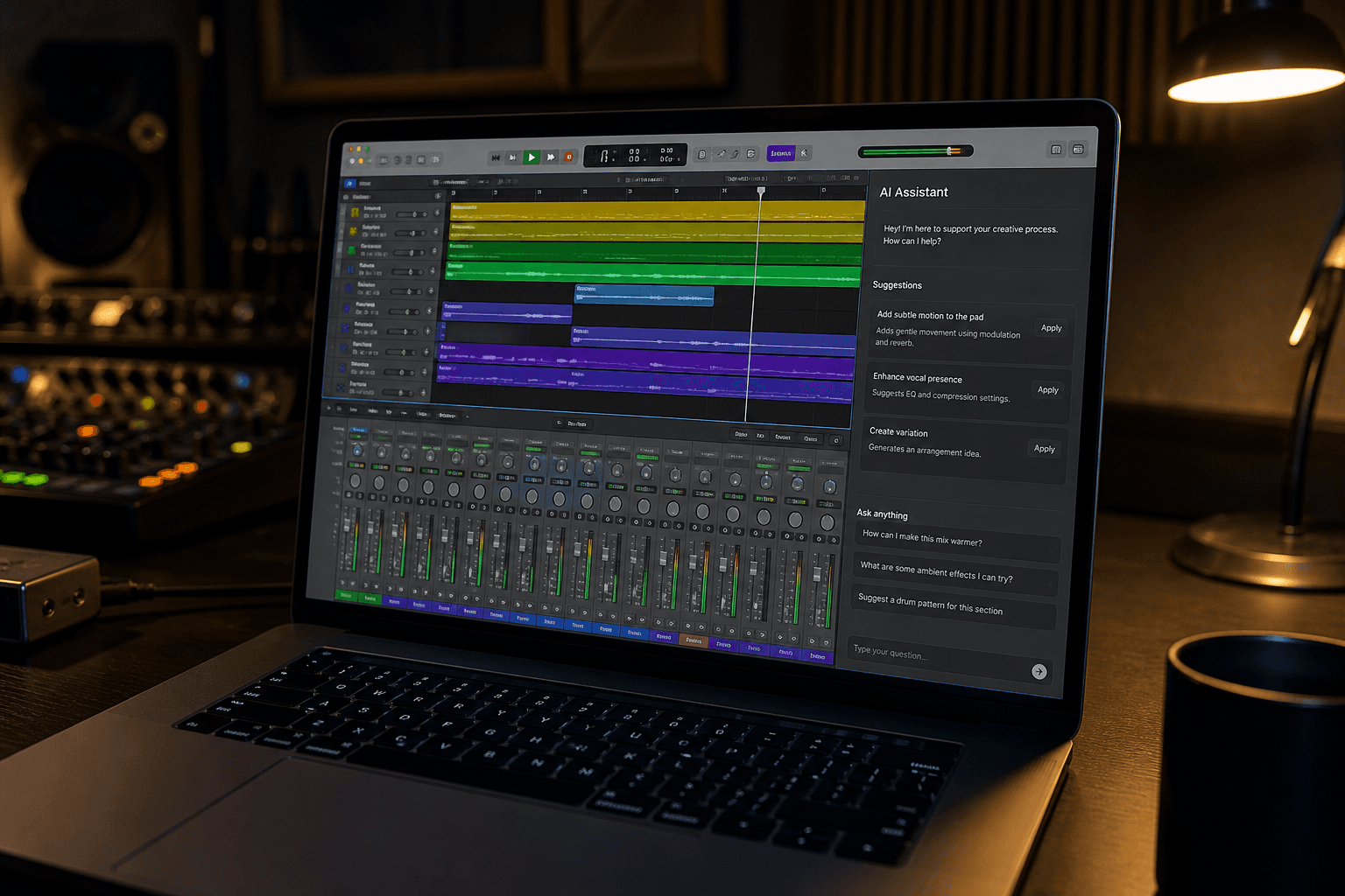 Laptop showing a DAW session with a restrained AI panel