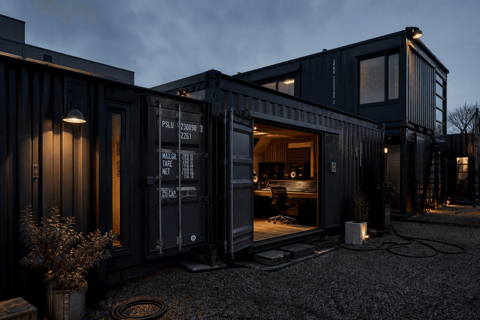 Night view of a shipping-container music production booth